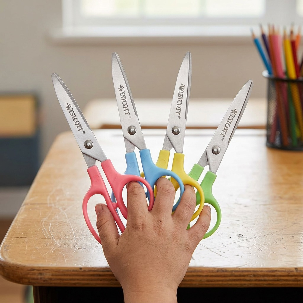 Four Westcott 5 inch Pointed Kleencut Kids Scissors in red, blue, green, and yellow on white.