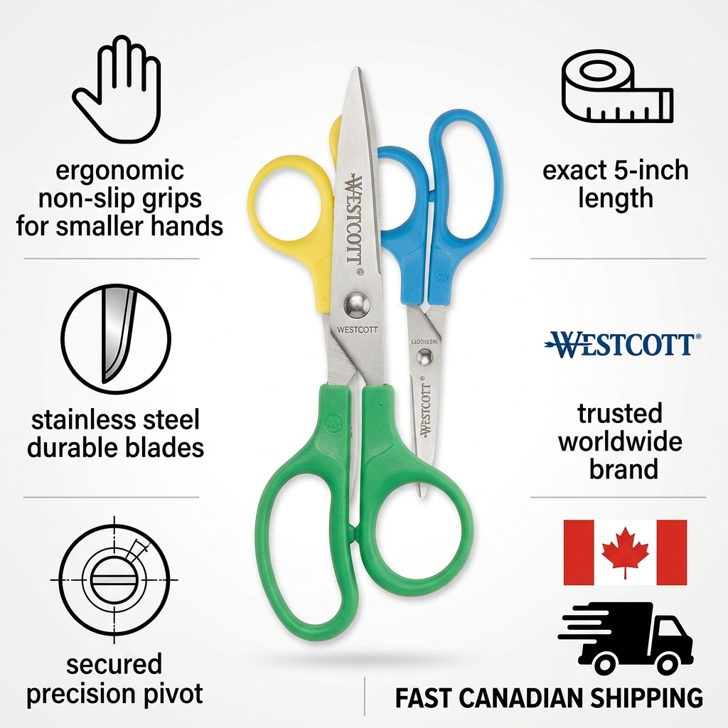 Westcott 5-inch kids scissors infographic showing stainless steel blades and fast Canadian shipping.