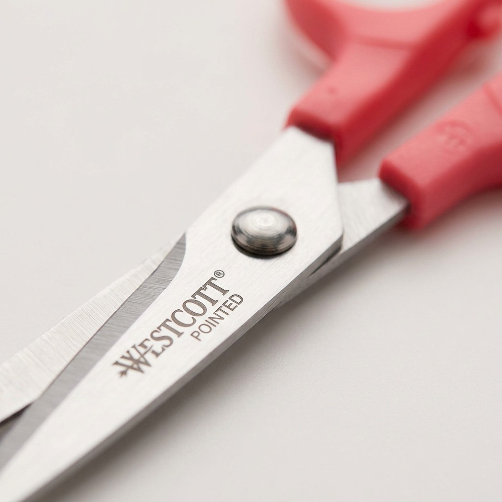 Macro detail of Westcott 5 inch Pointed Kleencut Scissors showing the metal pivot and blade logo.