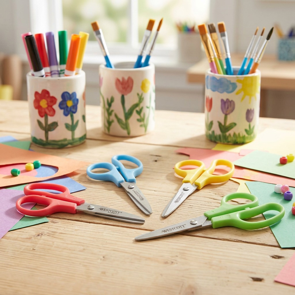 Westcott Kleencut kids scissors in various colors on a craft table with paper and art supplies.