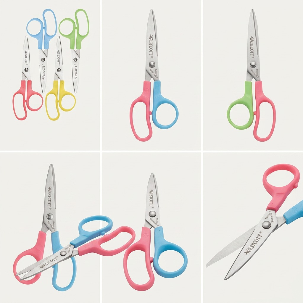 Grid showing Westcott 5-inch pointed Kleencut kids scissors in blue, pink, green, and yellow.