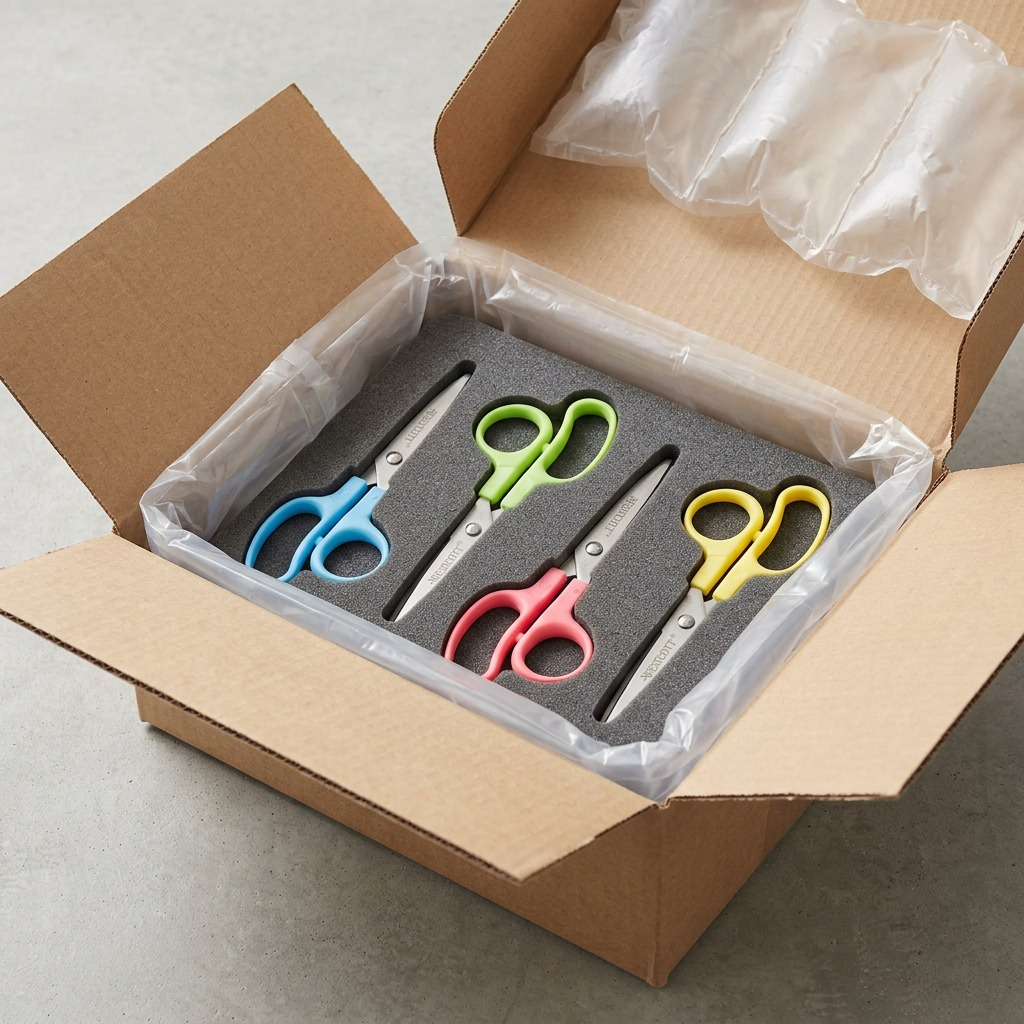 Four colorful Westcott 5-inch pointed kids scissors securely packed in a protective foam-lined shipping box.