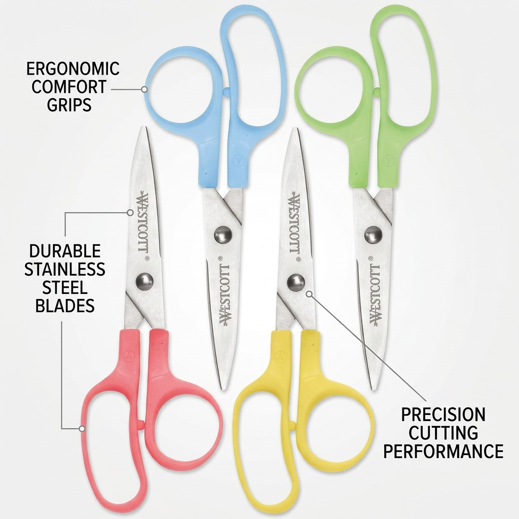 Westcott 5-inch pointed kids scissors with callouts for ergonomic grips and stainless steel blades.