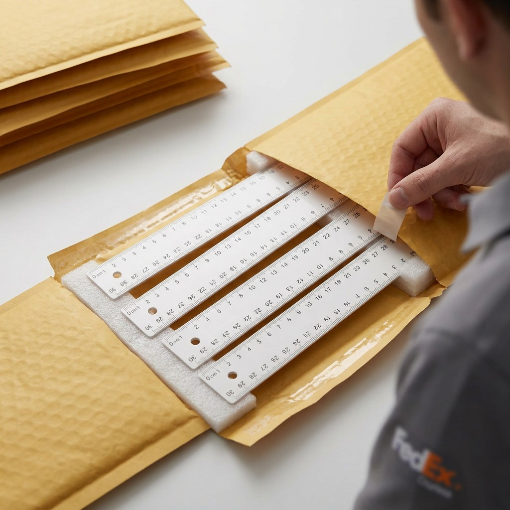 Alt text: premium padded shipping envelope with protected white rulers inside, on a clean studio table.