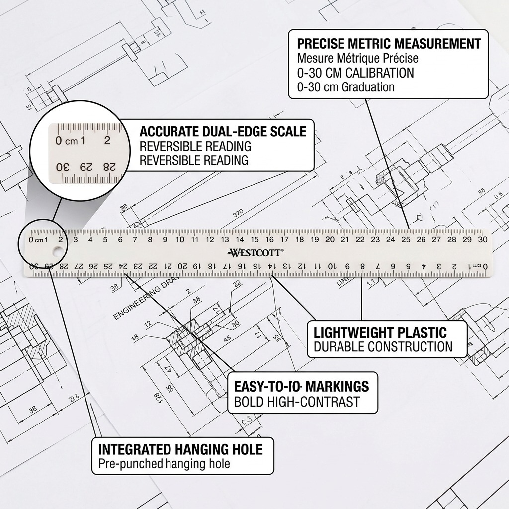 An operational feature callout visual highlighting main characteristics of the Westcott 30cm white plastic ruler.