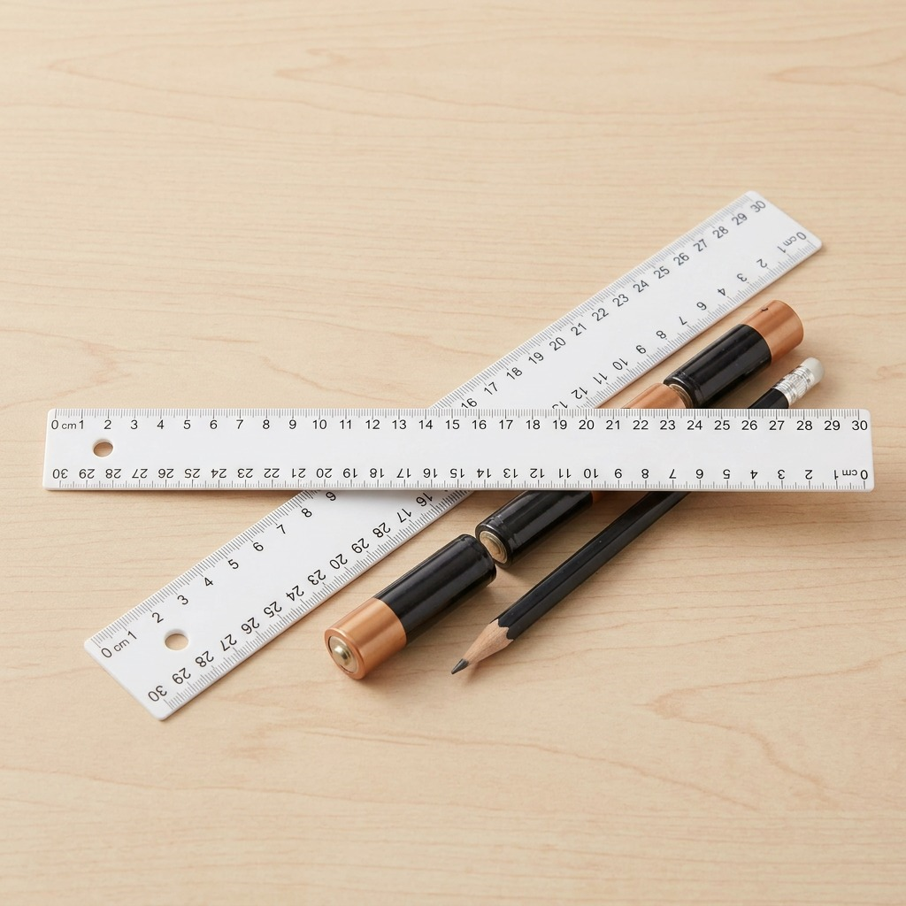 A close-up photograph comparing the Westcott 30cm white plastic ruler next to a standard AA battery on a light wooden desk context.