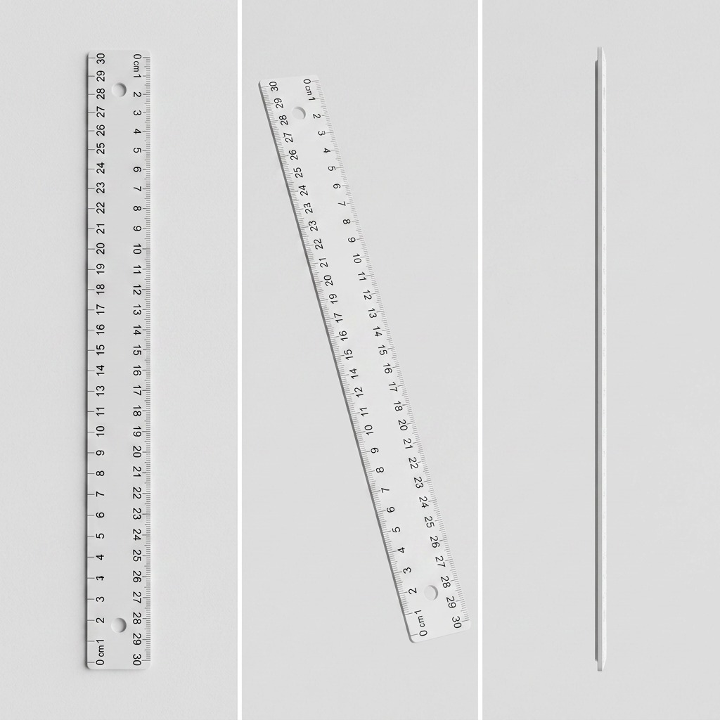 A visual comparison grid displaying the same 30cm white ruler from three different angles.