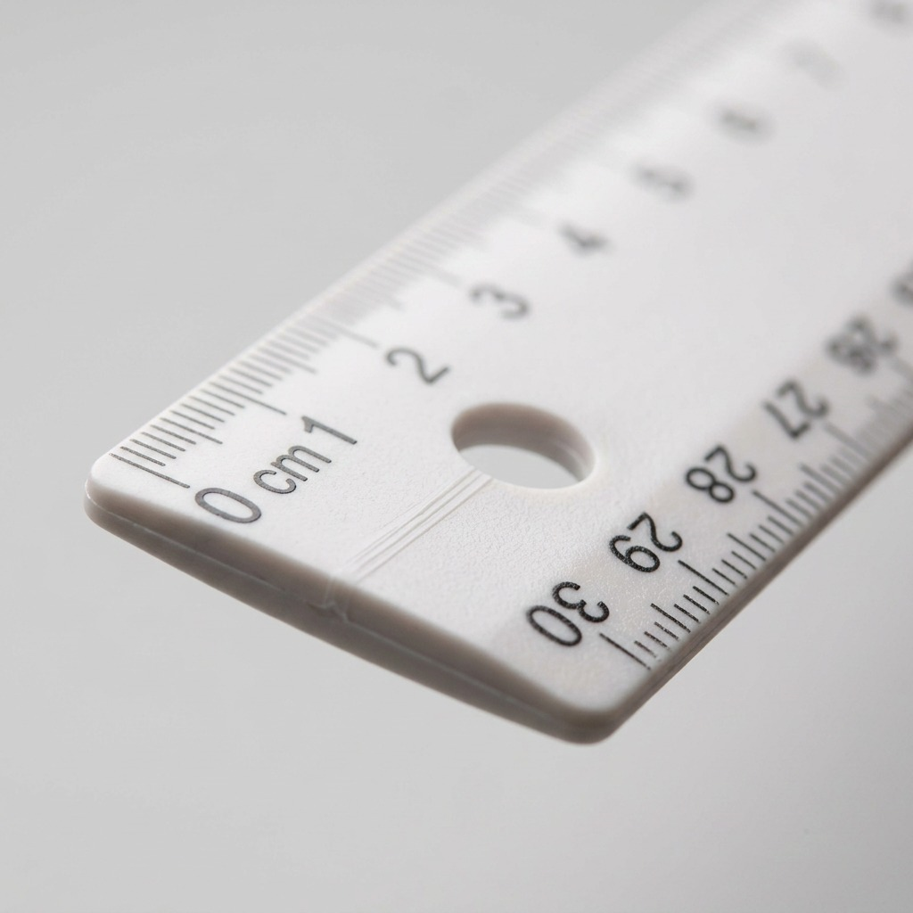 Extreme close-up of a Westcott 30cm ruler, focusing on the centimeter markings (0-2) and the circular hanging hole on the white plastic.