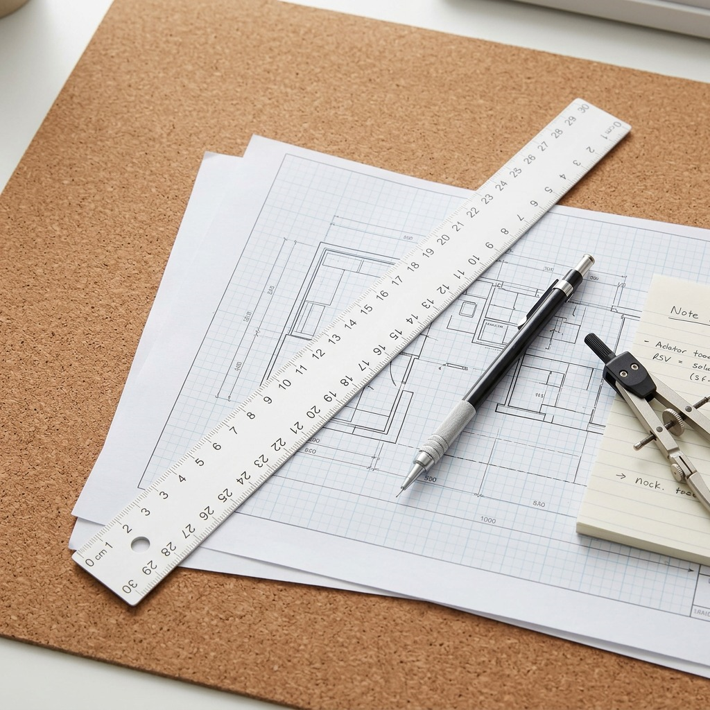A detailed flat-lay lifestyle shot of the Westcott 30cm white plastic ruler on a cork desk mat, placed alongside architectural drawings and other drafting tools, in natural light.
