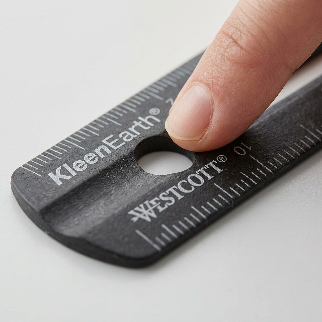 Extreme macro detail showing textural plastic and precision measurement markings, with a hand for scale.