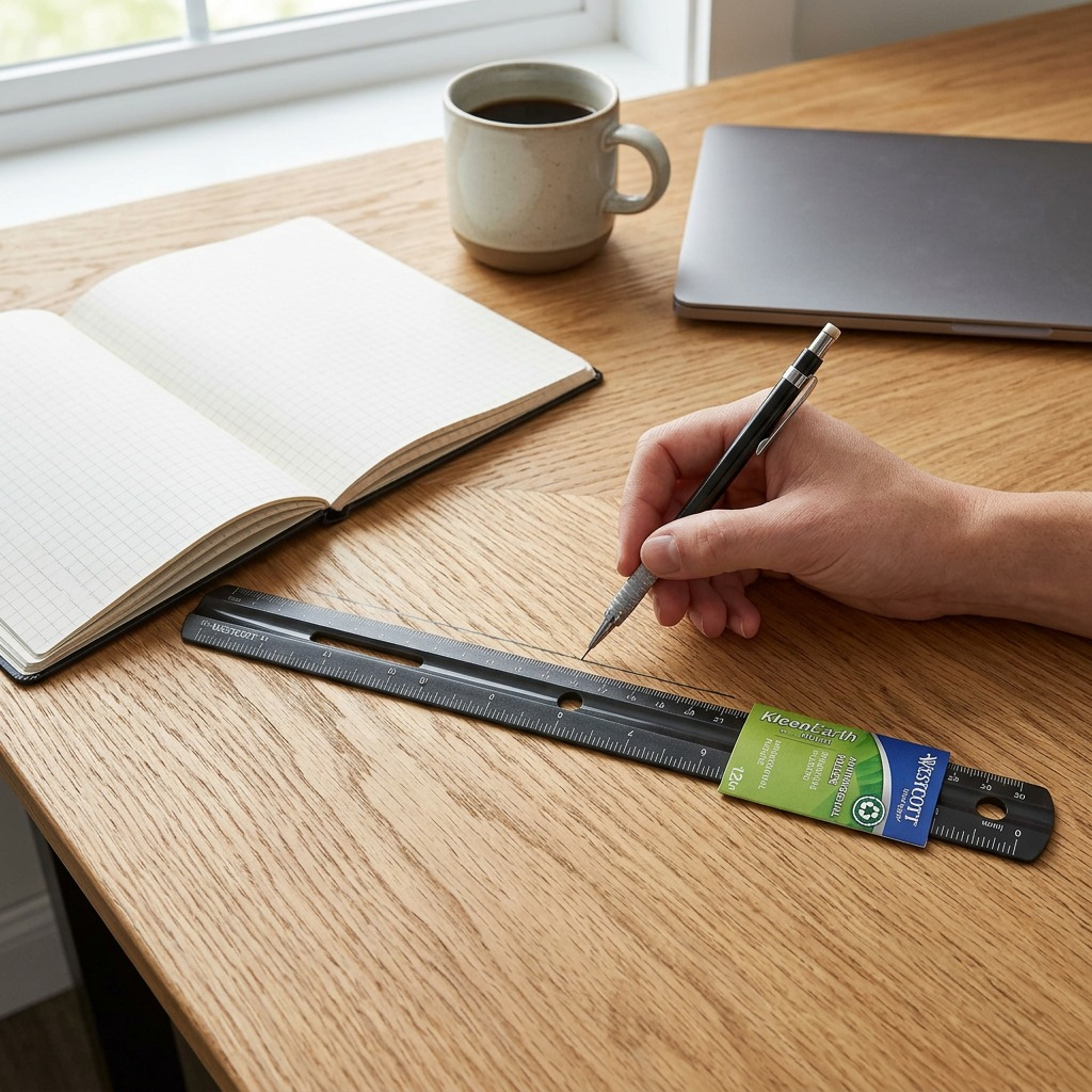 Lifestyle photo of a person drawing a line with the Westcott KleenEarth 30cm plastic recycled ruler on a clean oak wood desk, showing practical use.