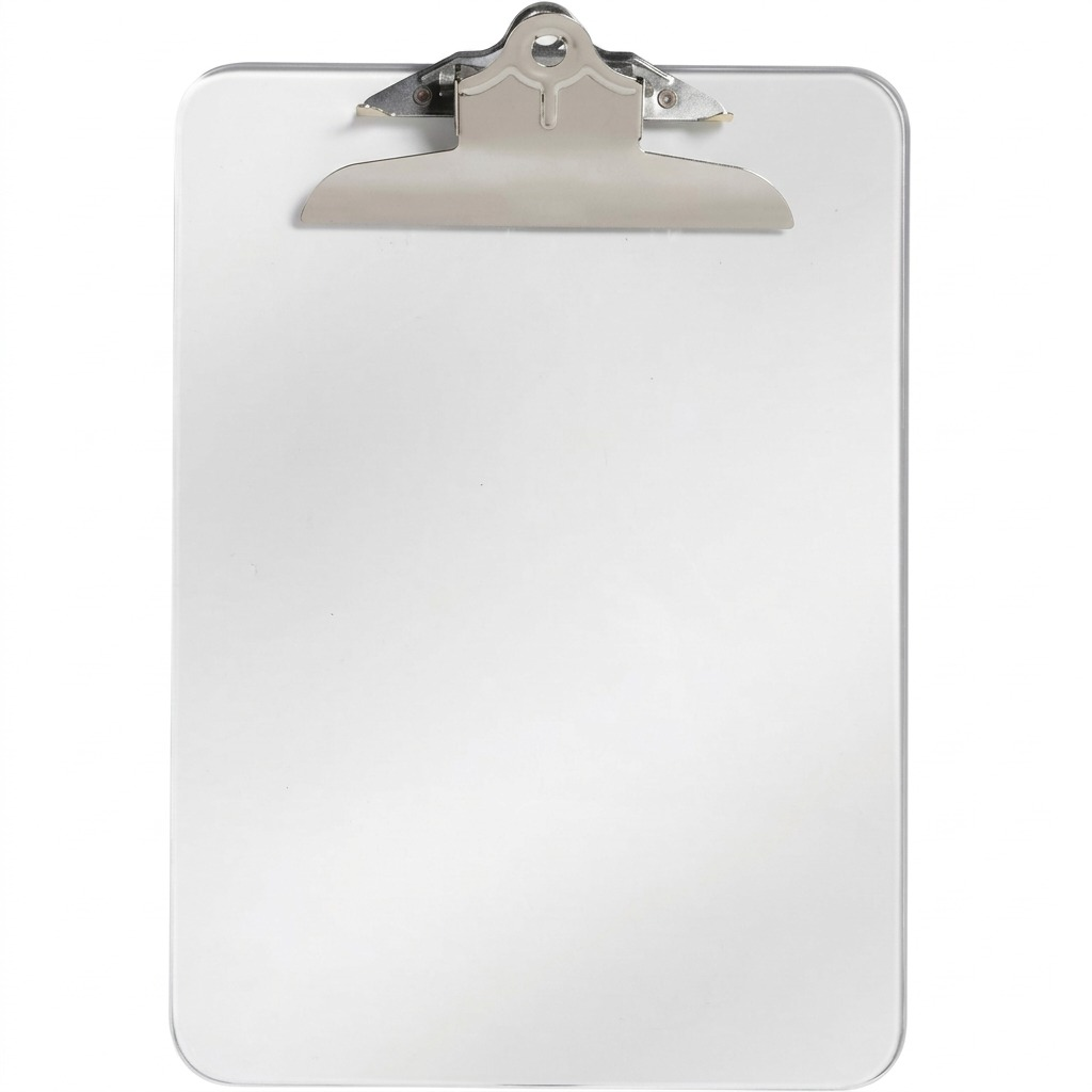A premium high-resolution ecommerce hero shot of the Westcott letter-size clear clipboard with its specific silver spring clip, centered on a pure white background with realistic shadows.