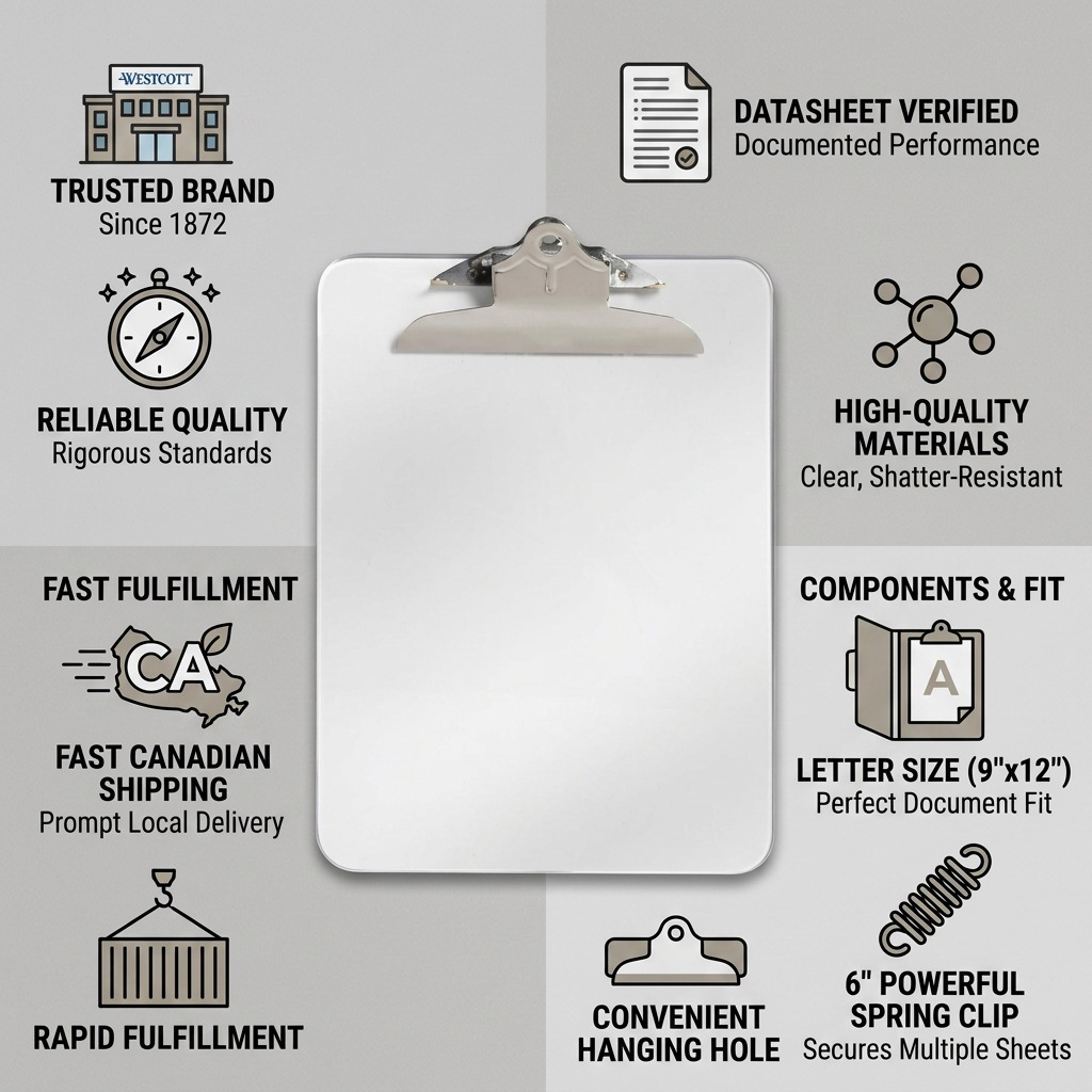 A reliability infographic for the Westcott clear clipboard, highlighting Canadian shipping and verified build quality.