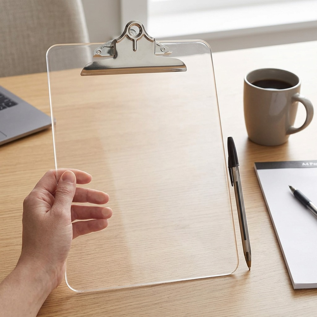 A natural photograph of the Westcott clear plastic letter-size clipboard held securely by one hand, beside a pen and coffee cup.