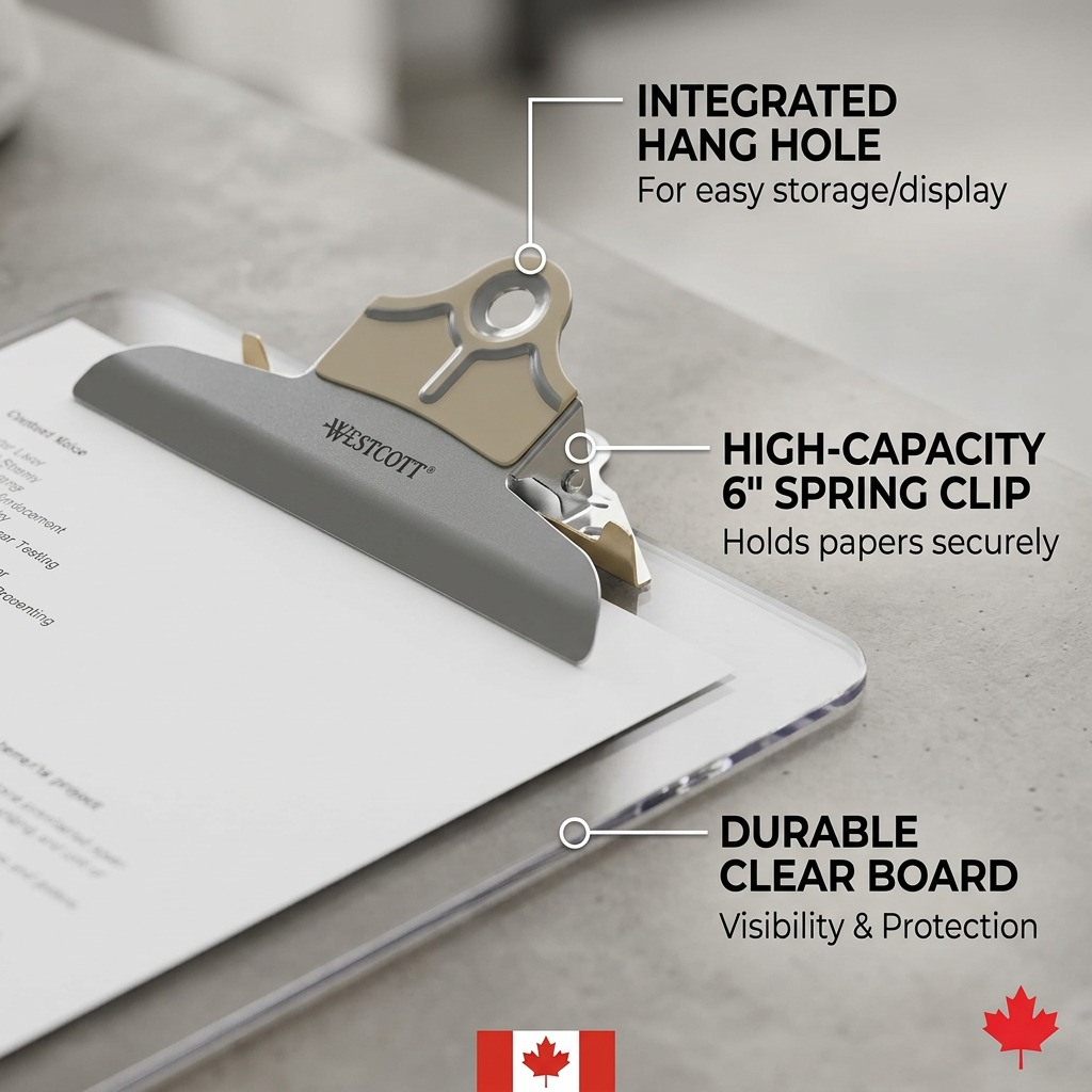 A feature graphic for Westcott item 37912, highlighting the 6" spring clip and clear letter-size board.