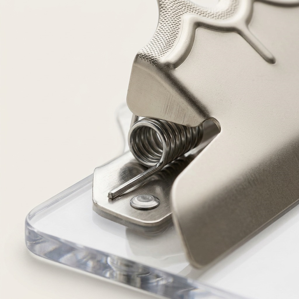 Extreme macro view of the metal spring clip and rivets on a Westcott clear clip board.