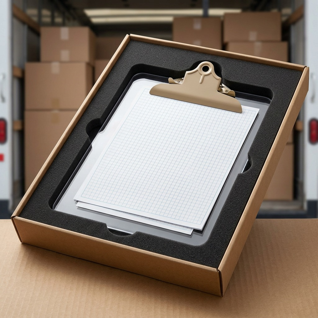 A premium unboxing scene shows a clear plastic Westcott clipboard secured by custom-fitted foam on a blurred delivery truck interior background.