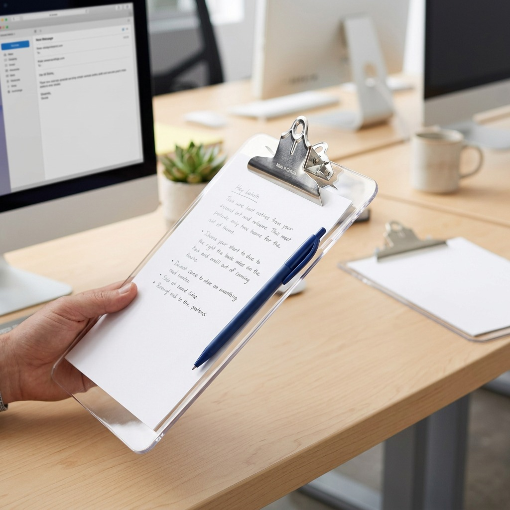 A realistic photo shows a generic clear Westcott Letter Size Clipboard, held by a person on a desk, used in an office setting. A pen is attached to the spring clip.