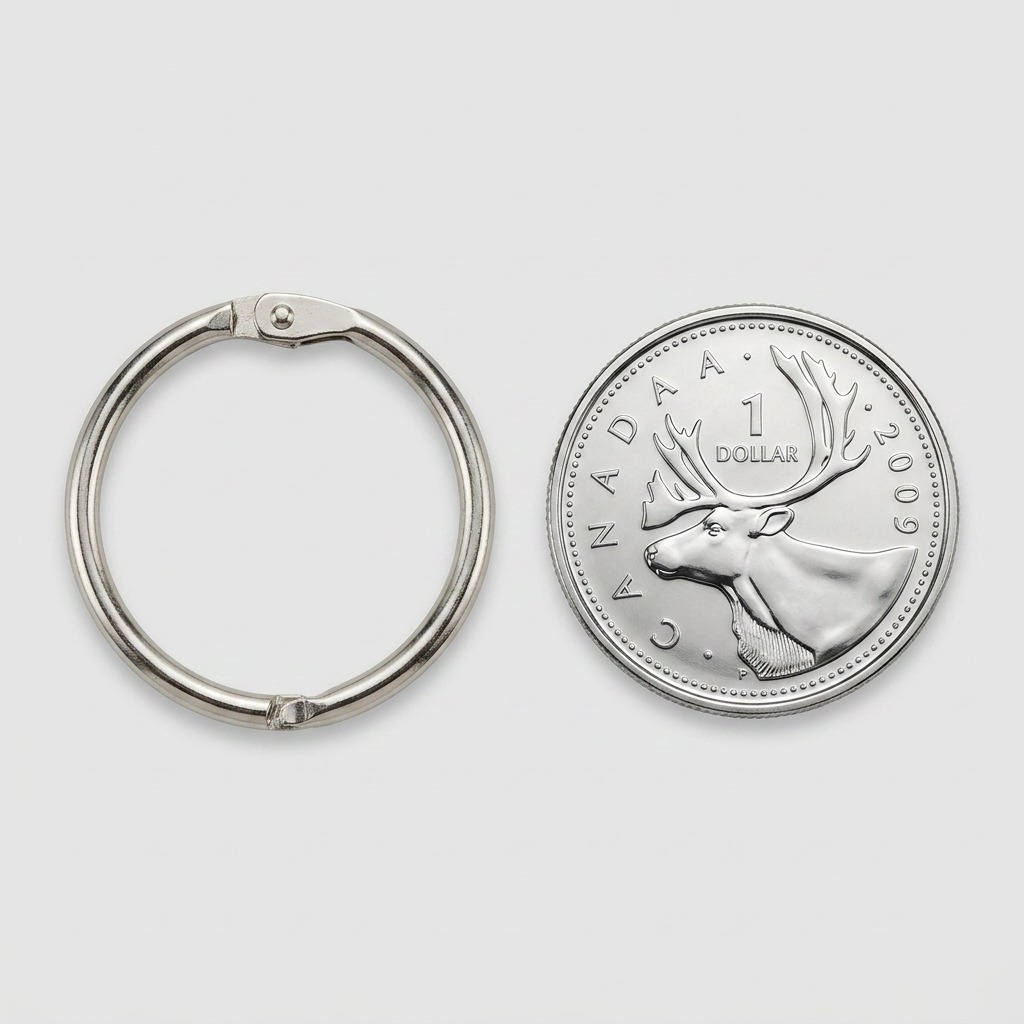 A 1-inch metal card ring shown next to a 1-dollar Canadian coin for scale confirmation.