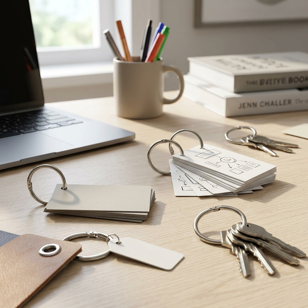 A collection of metallic card rings, identical to image_0.png, securing several stacks of business and data cards, organized on a light wood desk. Natural sunlight highlights the distinct shape of the hinged rings and the textures of the cards. The background shows blurred office supplies. The scale is realistic and clean.