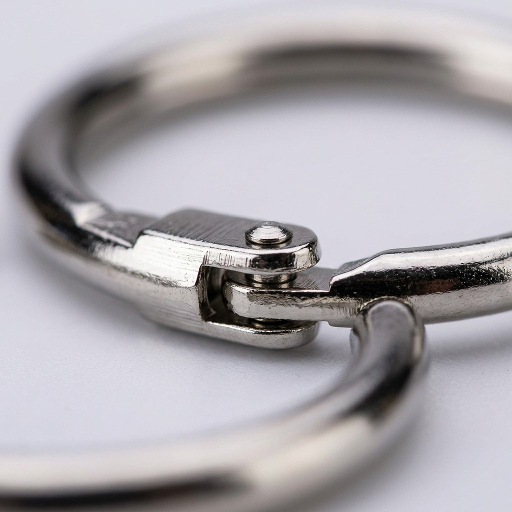 A macro photo focuses on the locking hinge and clasp of a metal ring, showing precise, shiny surfaces.