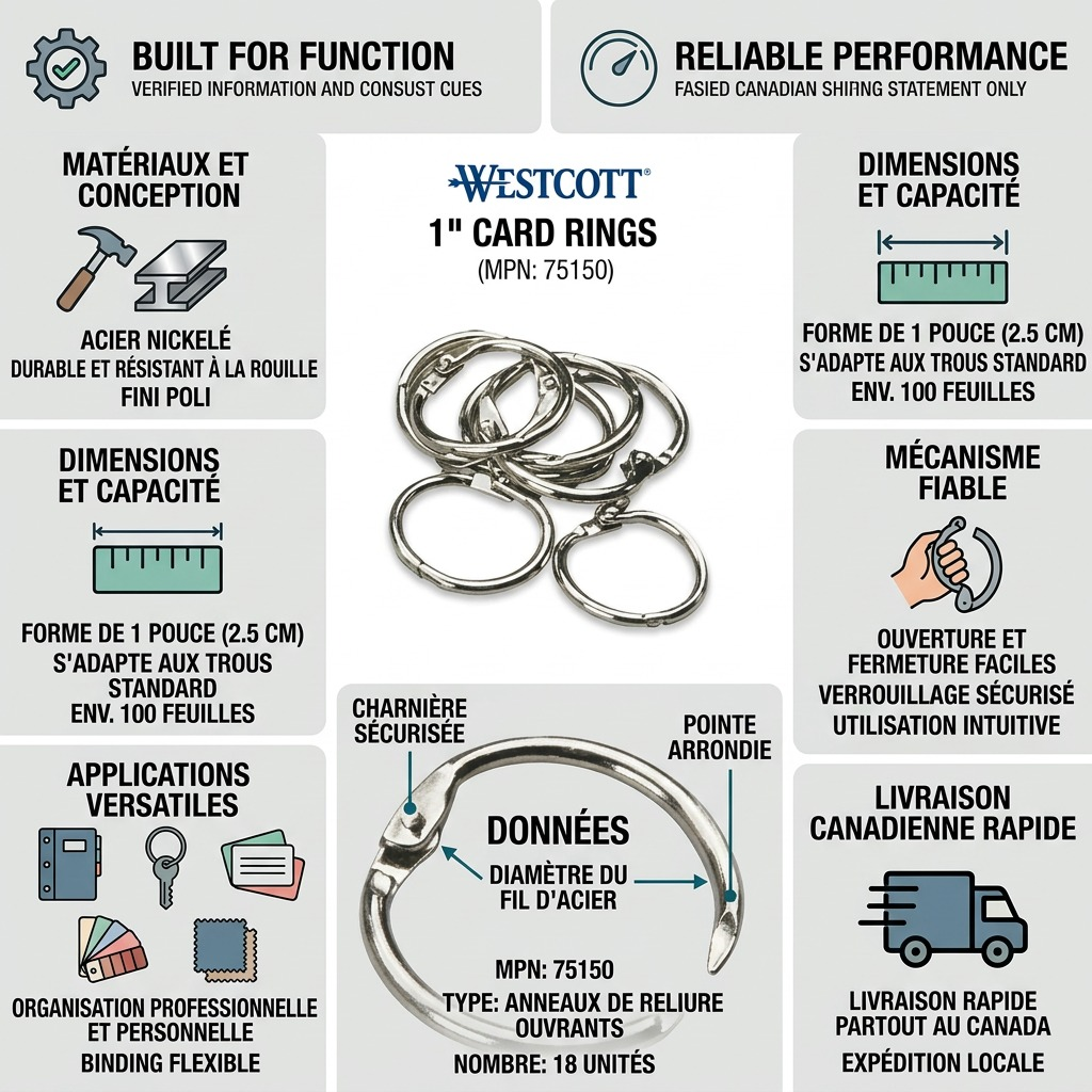 A factual trust and authority infographic for Westcott 1" Card Rings, highlighting features and shipping.