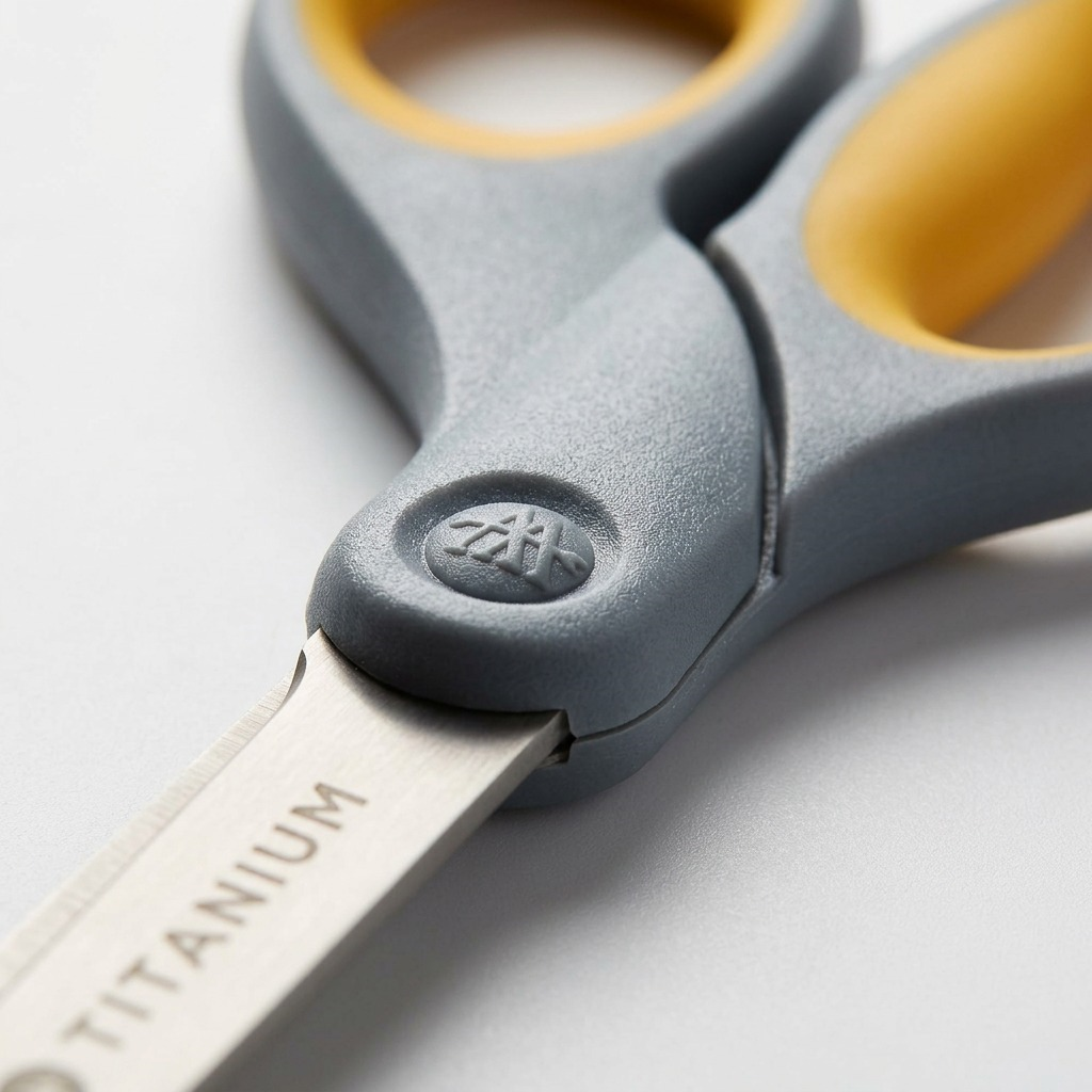 Macro view of the titanium blade and textured handle pivot.