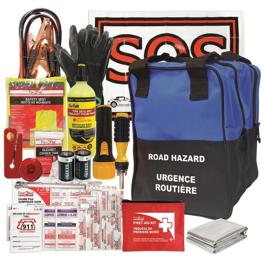 First Aid Central All Weather Road Safety Kit with booster cables, tools, and first aid supplies.