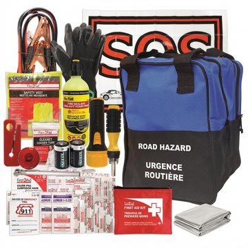 First Aid Central All Weather Road Safety Kit with booster cables, tools, and first aid supplies.