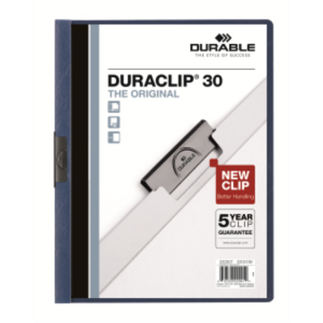 DURABLE Report Cover with DURACLIP, Letter Size, Holds Up to 30 Pages, Clear Cover/Dark Blue, 25 per Box (220307BX)