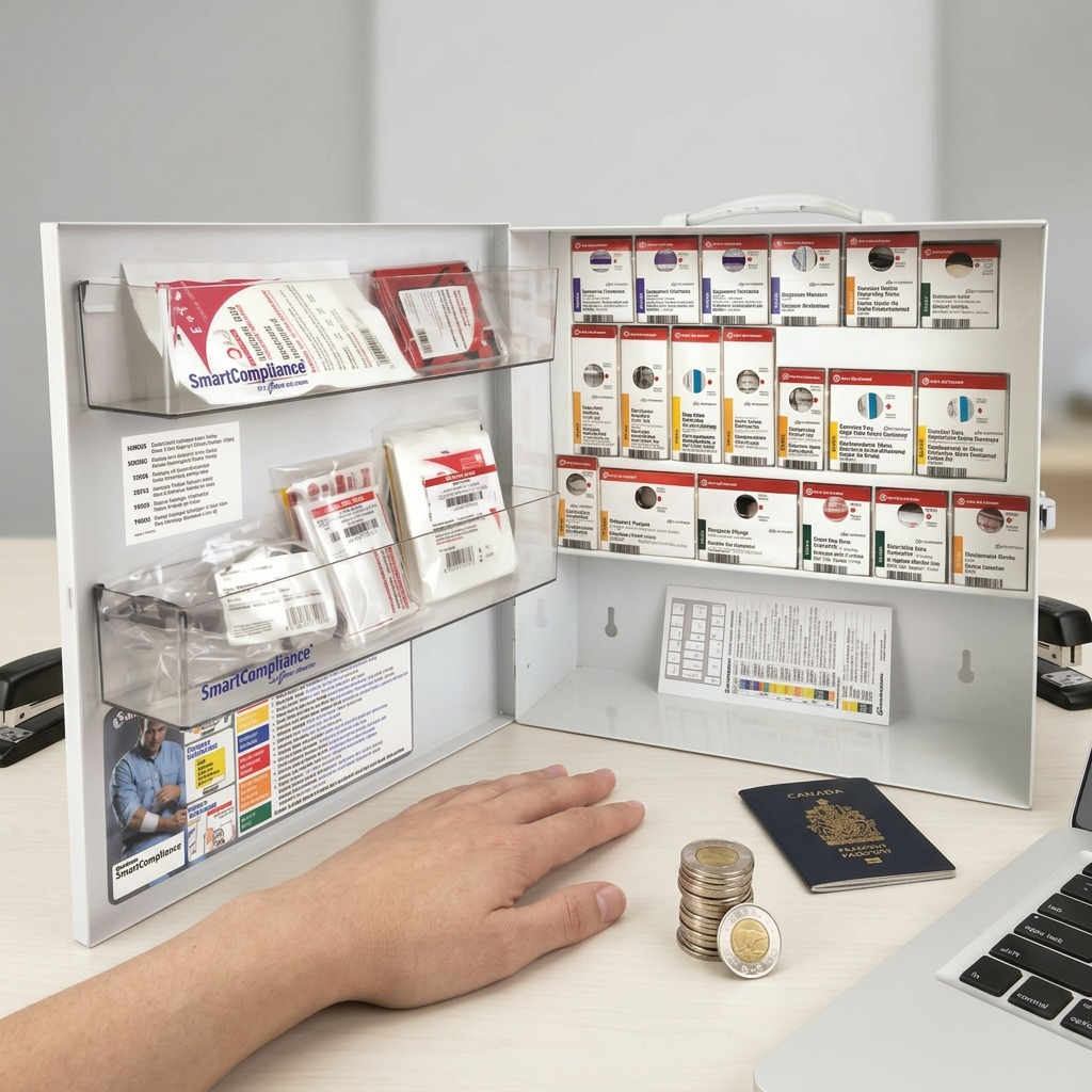 A high-resolution, centered view of the First Aid Central SmartCompliance CSA Type 2 Basic Small first aid cabinet.