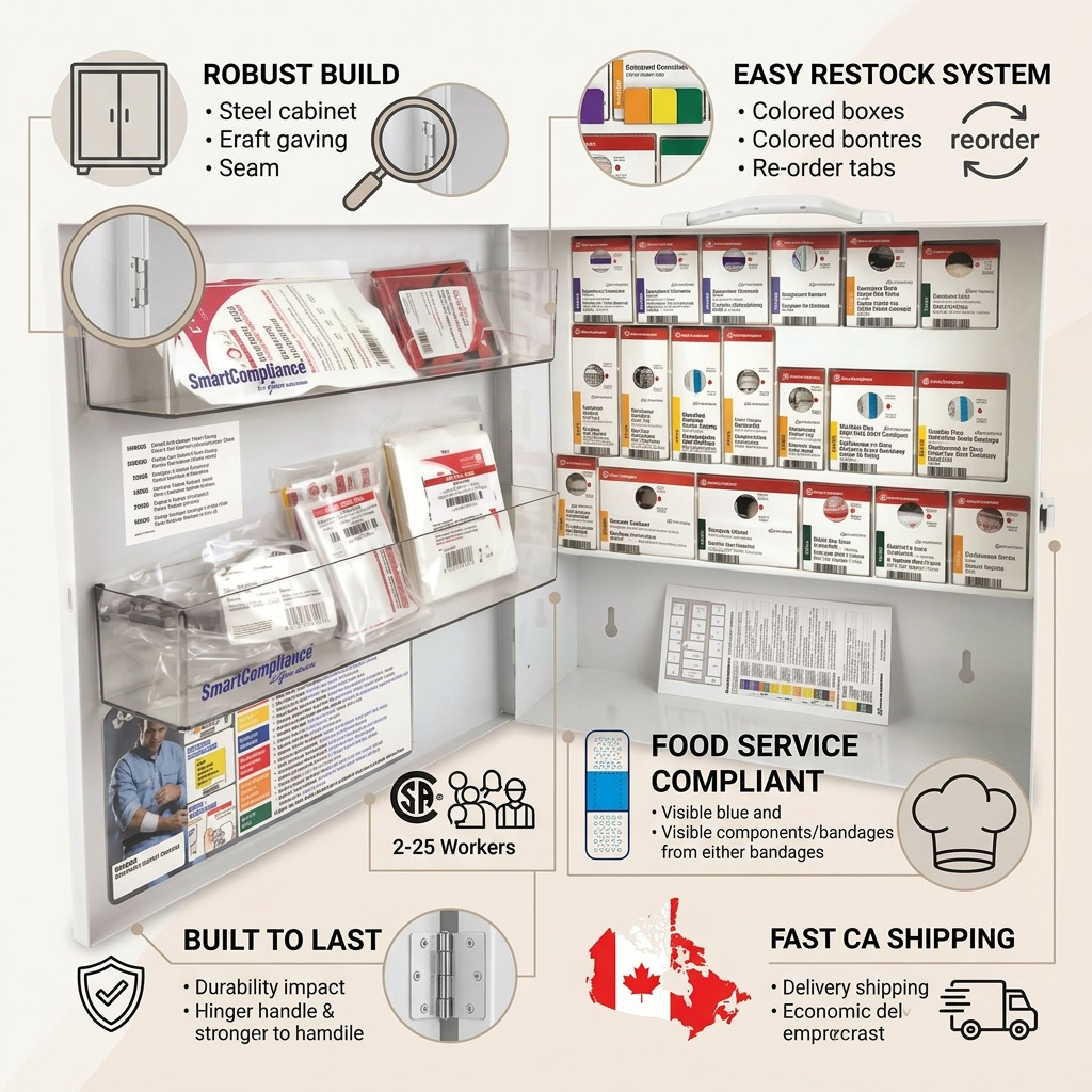 A clean infographic featuring the SmartCompliance First Aid Cabinet, highlighting build quality, easy restock, compliance, and fast shipping with icons and text.