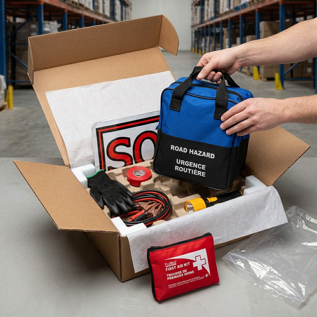 First Aid Central All Weather Road Safety Kit with booster cables, tools, and first aid supplies.