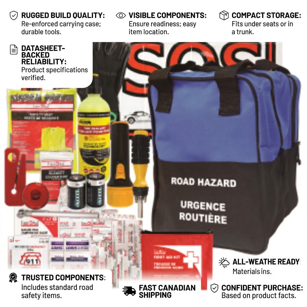 Infographic for First Aid Central All Weather Road Safety Kit showcasing reliable emergency tools.