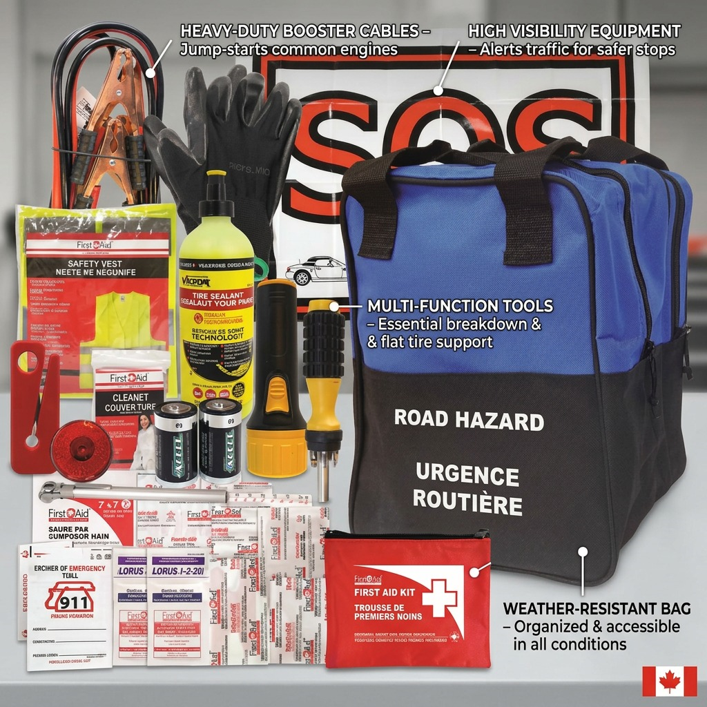 Feature graphic of the First Aid Central All Weather Road Safety Kit (FAC-085) with calling-out booster cables and first aid.