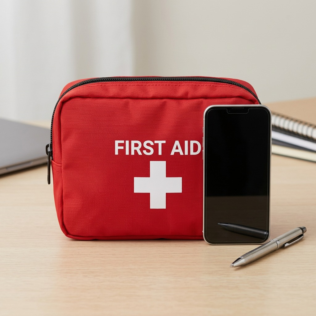 First Aid Central compact red nylon personal first aid kit pouch with white cross symbol.
