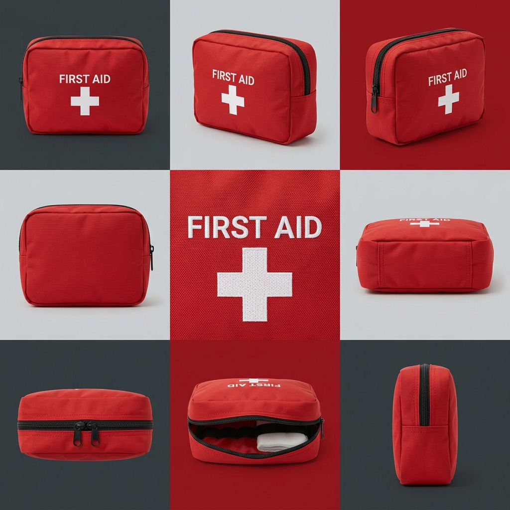 Grid view showing multiple angles and details of the First Aid Central compact red nylon case.