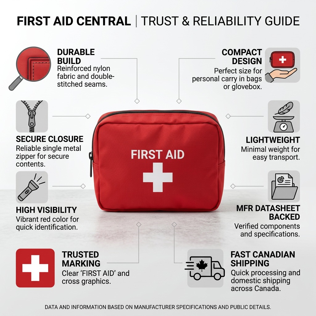 First Aid Central red nylon kit infographic showing compact design, durable build, and specs.