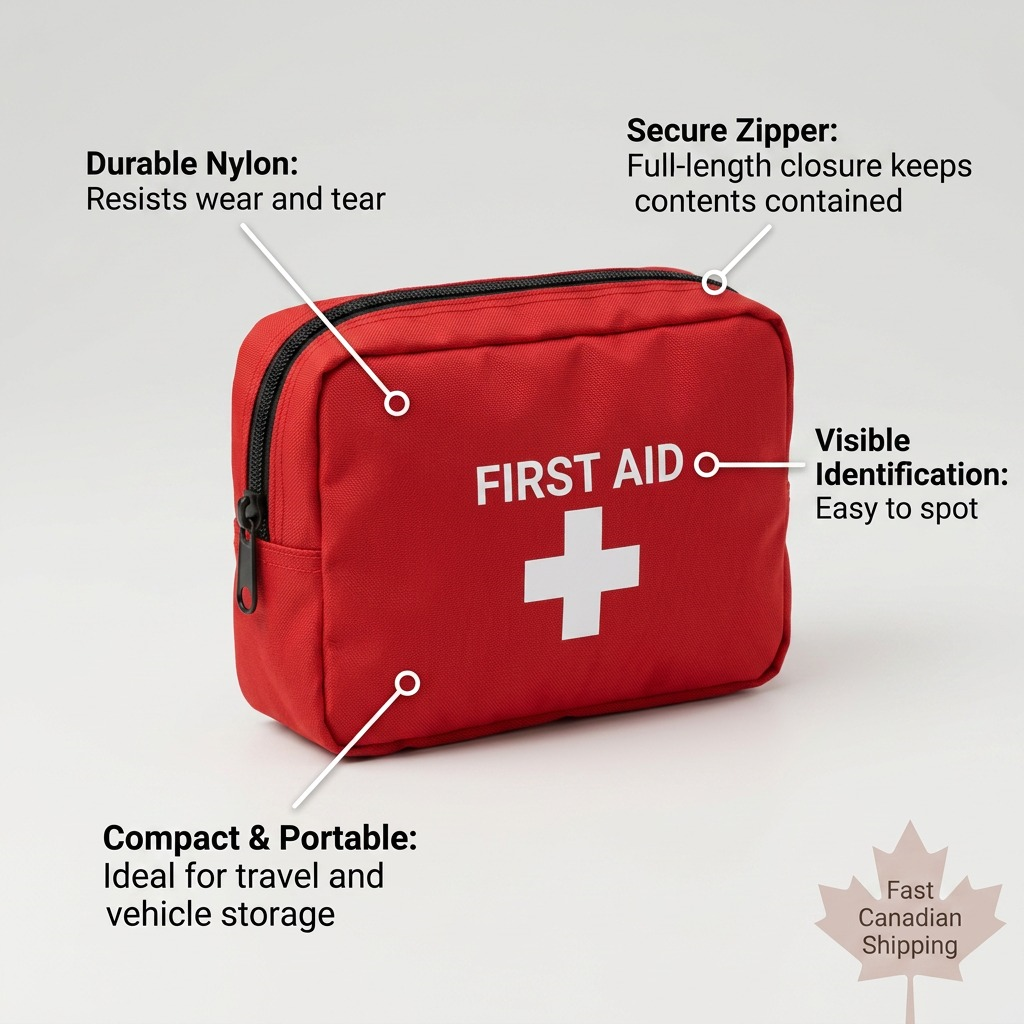 First Aid Central red nylon kit diagram highlighting durable fabric, secure zipper, and portability.
