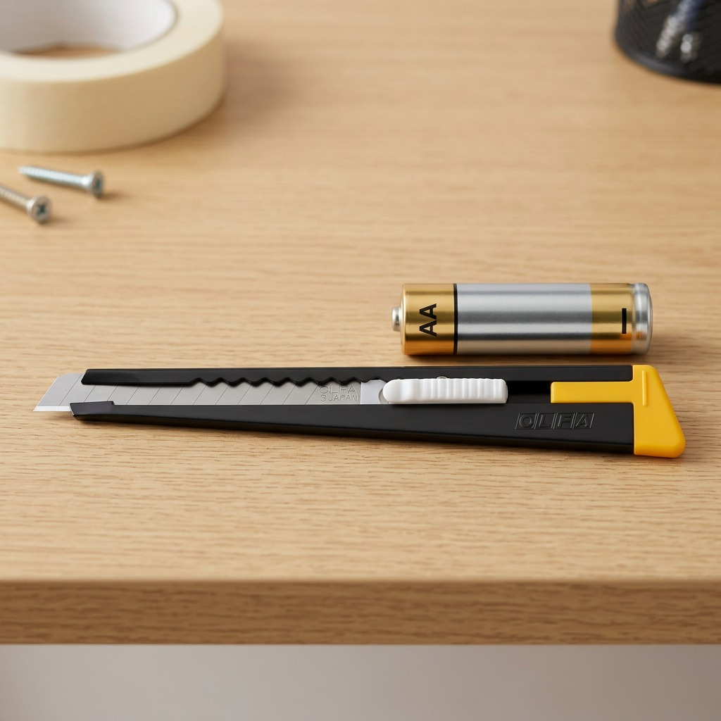 Olfa 9mm 180 snap-off knife with black body, silver blade, and yellow end clip on white background.