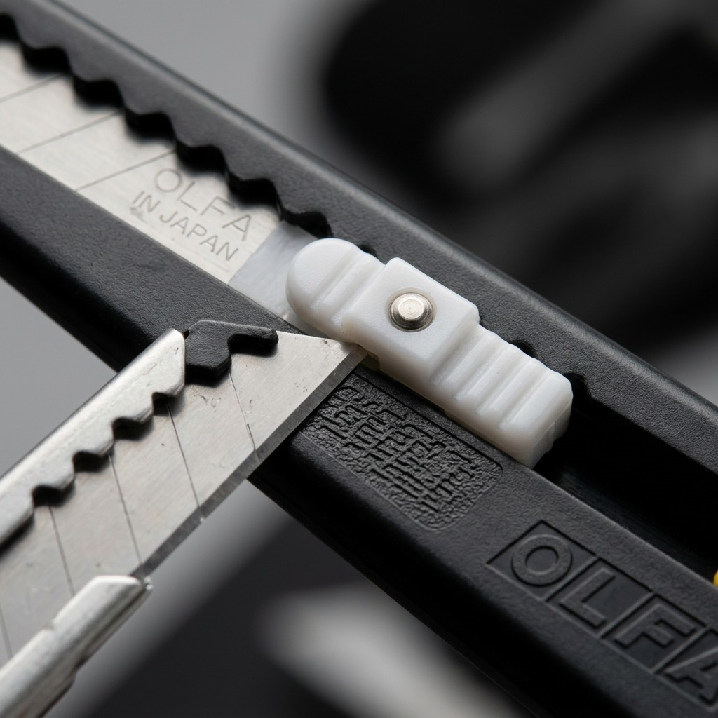 Macro detailed close-up showing the blade, handle texture, and slider of the Olfa 180 Metal Precision Knife.