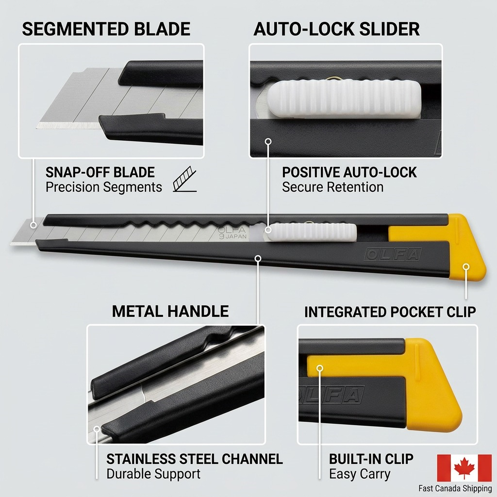 Olfa 180 metal precision knife feature matrix graphic, showing callouts for snap-off blade, auto-lock mechanism, metal handle, and integrated clip.