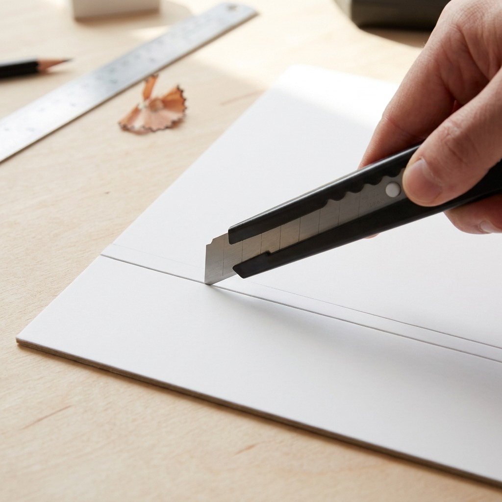 Close-up photo of the OLFA 180 metal knife cutting a straight line on clean white cardboard, on a wooden workbench. (96 characters)