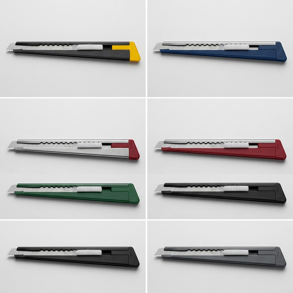 A 3x2 grid showing six identical-looking Olfa 9mm 180 snap-off knives from image 0, each with a different colored end cap.