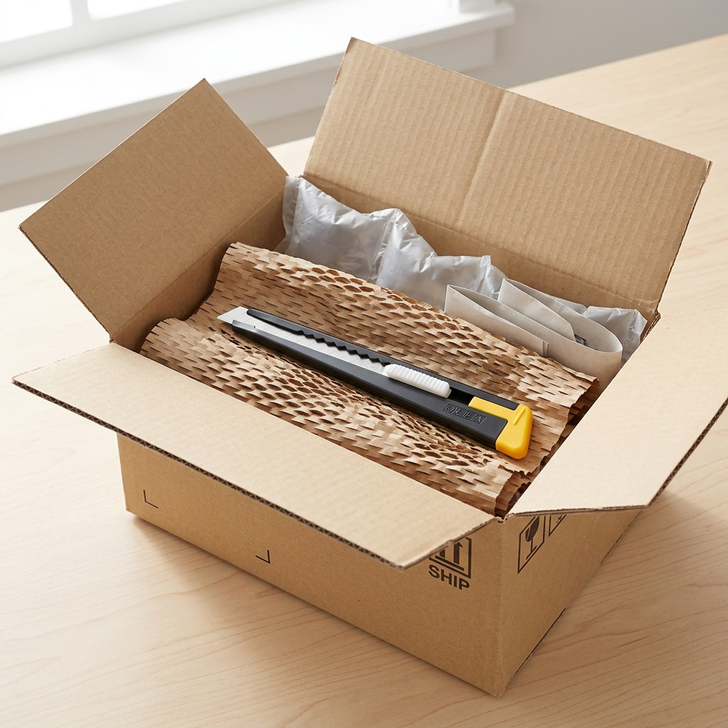 An unboxing scene shows an Olfa 180 metal precision knife inside a box with protective dunnage.
