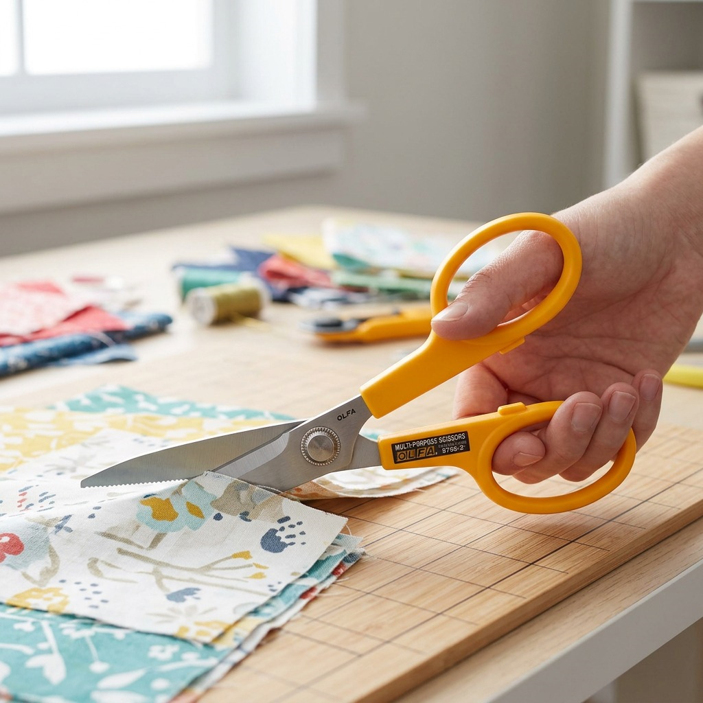 A person using the yellow Olfa multi-purpose scissors to cut floral fabric on a wooden table.