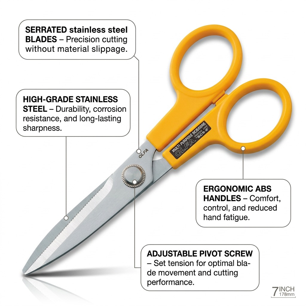 A feature graphic matrix for Olfa SCS-2 7" scissors, with four callouts defining key performance features.