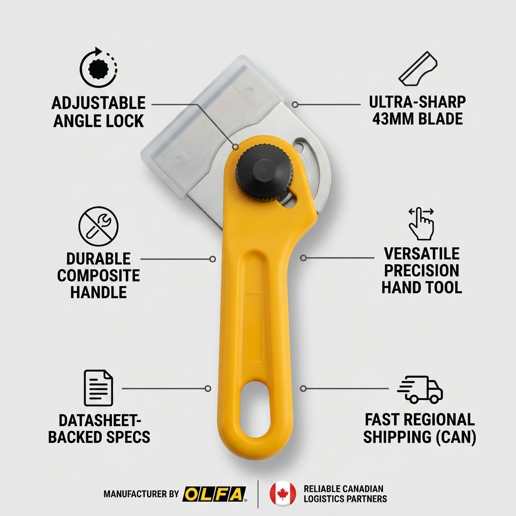 Trust and authority infographic showing Olfa 43mm Adjustable Scraper & Knife with factual cues for Canada.
