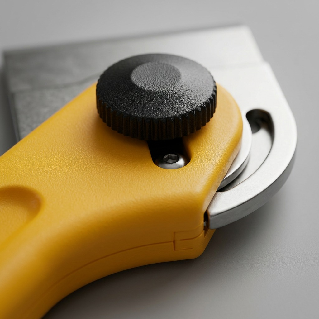 An extreme close-up photograph of the textured black adjustment knob and ergonomic yellow handle of an Olfa scraper.