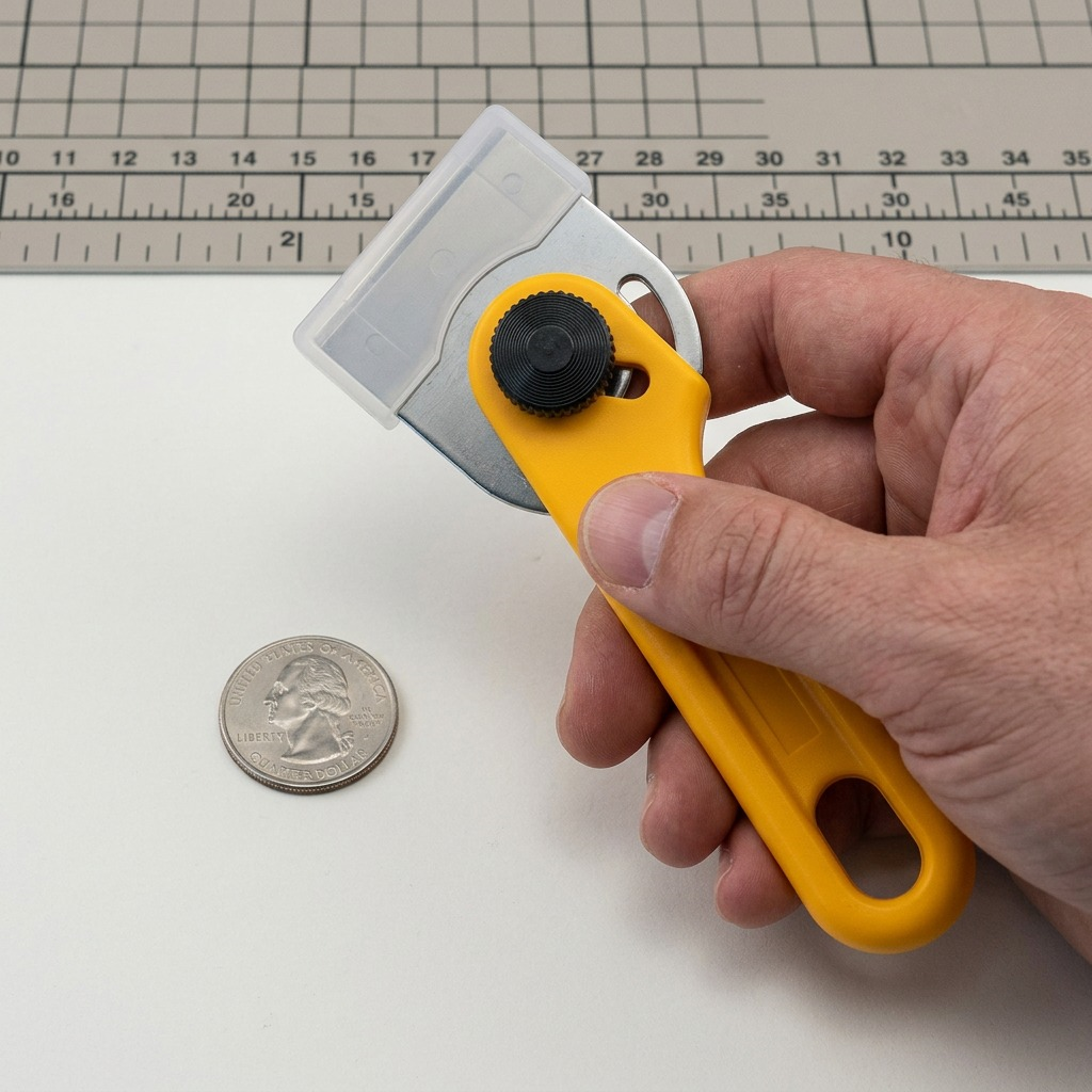 A close-up photograph of an Olfa BTC-1/DX scraper held by an adult hand, next to a US quarter.